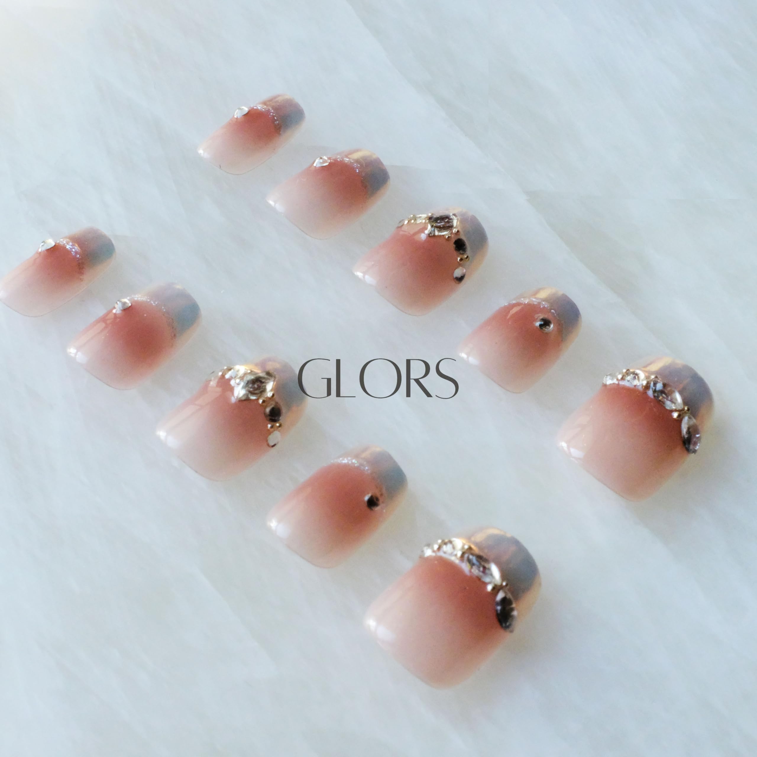 GLORS Moon Dream Purely Handmade Press On Nails – French-Style Pink with Diamond | Short Square 10-Piece Set (Large, SS)
