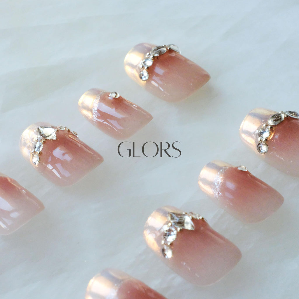 GLORS Moon Dream Purely Handmade Press On Nails – French-Style Pink with Diamond | Short Square 10-Piece Set (Large, SS)
