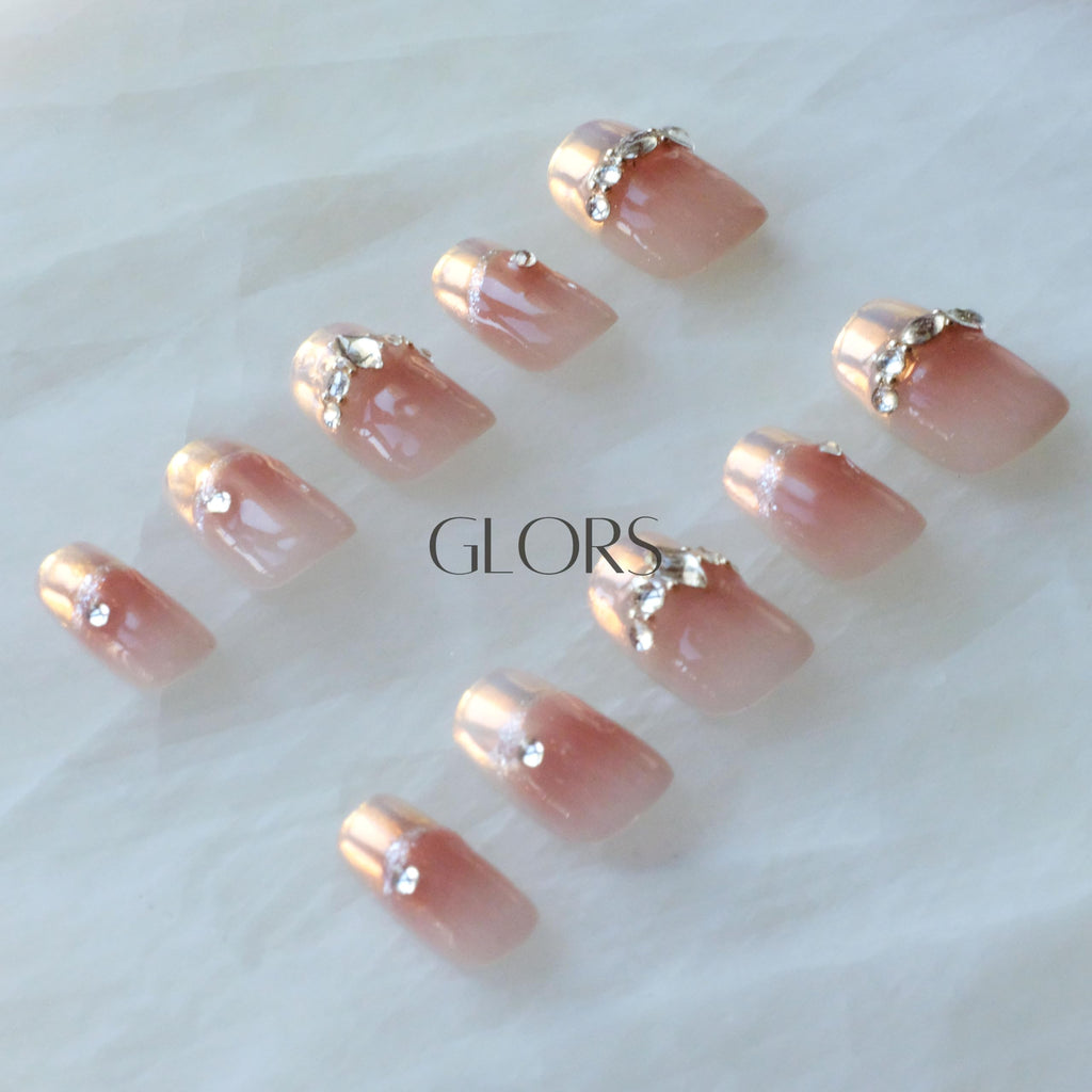 GLORS Moon Dream Purely Handmade Press On Nails – French-Style Pink with Diamond | Short Square 10-Piece Set (Large, SS)