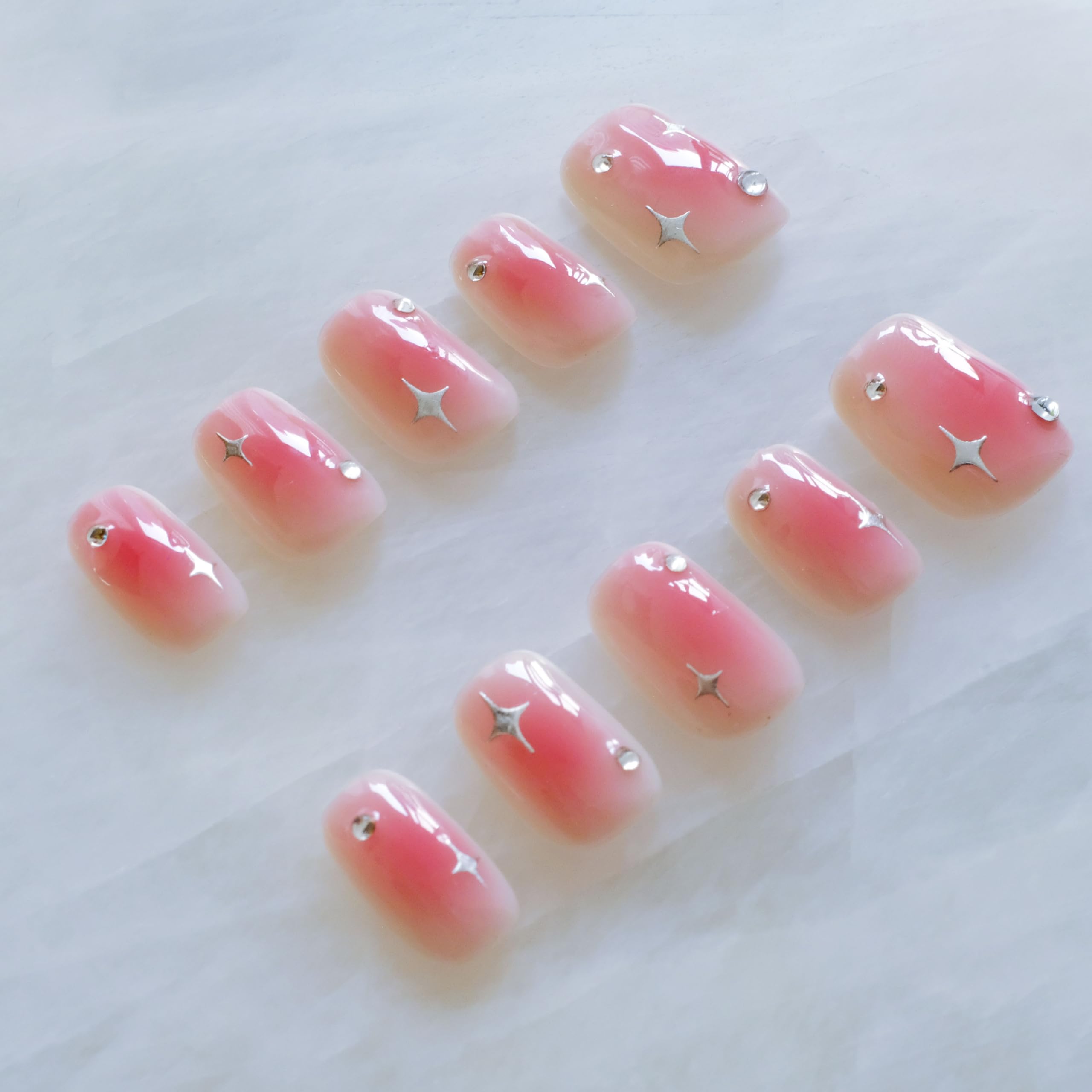 GLORS Short Square Press On Nails – Pink + Silver Stars, 10 Pcs | Salon Quality