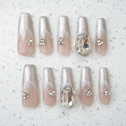 GLORS Press On Nails — Long Ballerina Coffin with Silver Glitter French Tips & 3D Rhinestones (10-Piece, Large LB)