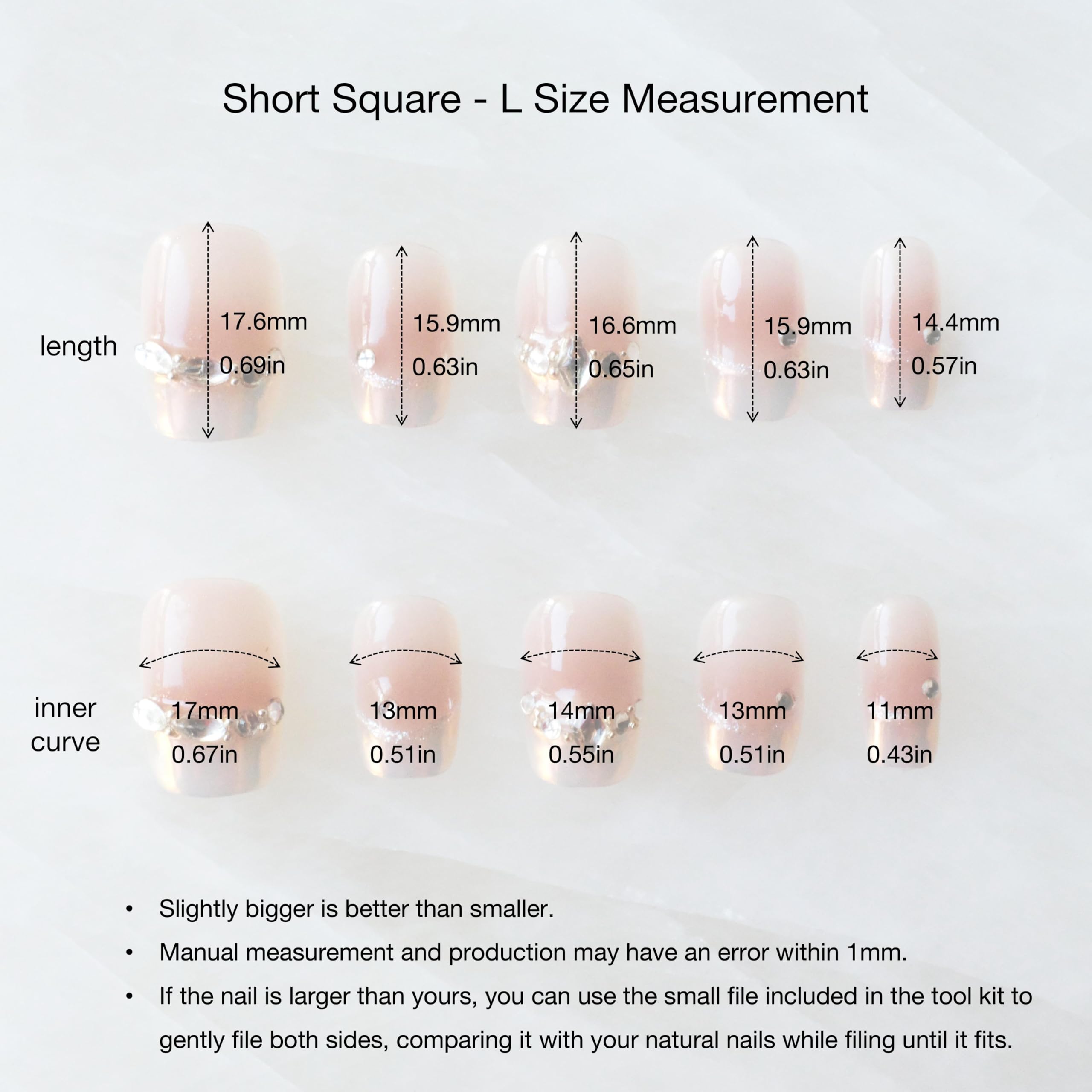 GLORS Moon Dream Purely Handmade Press On Nails – French-Style Pink with Diamond | Short Square 10-Piece Set (Large, SS)