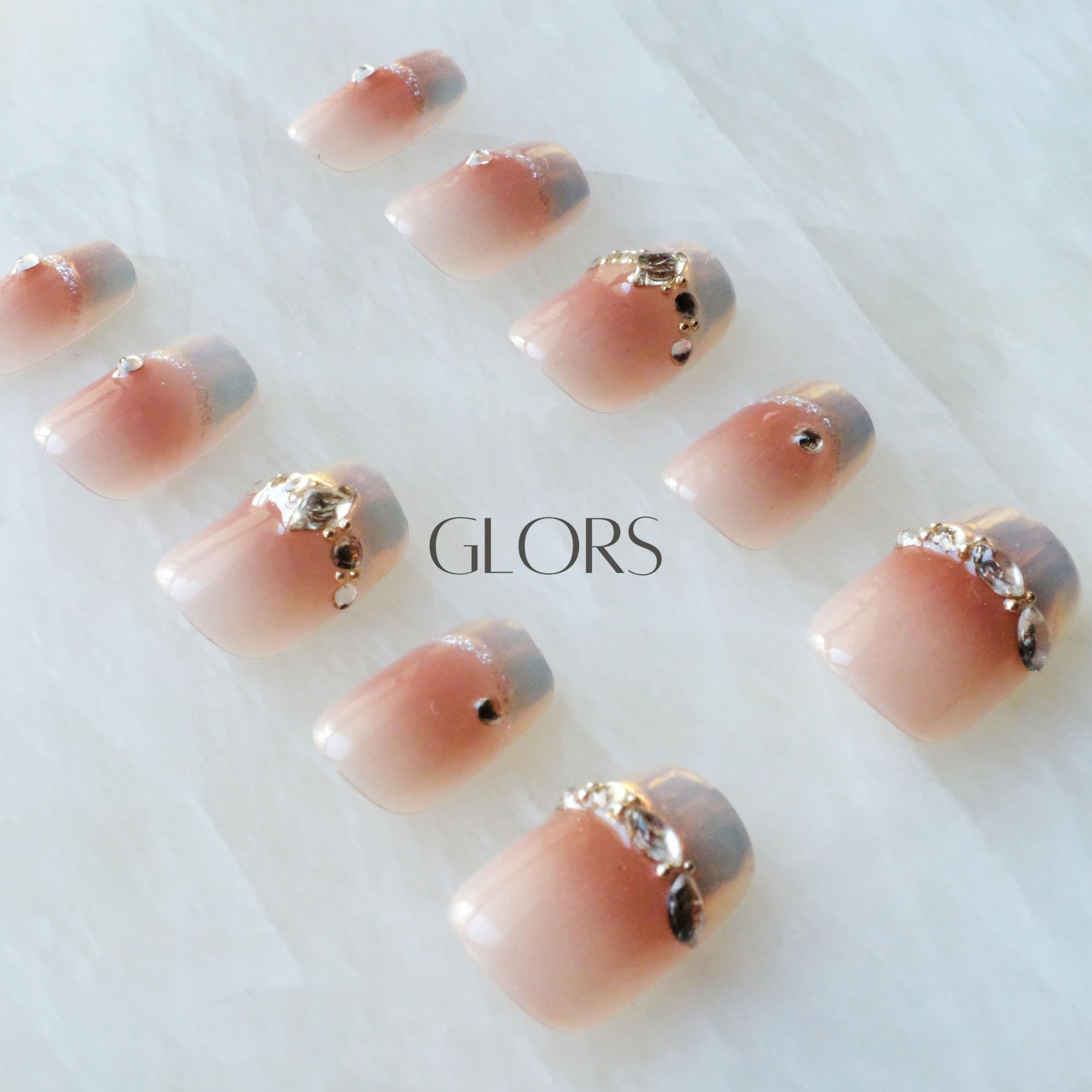 GLORS Moon Dream Purely Handmade Press On Nails – French-Style Pink with Diamond | Short Square 10-Piece Set (Large, SS)