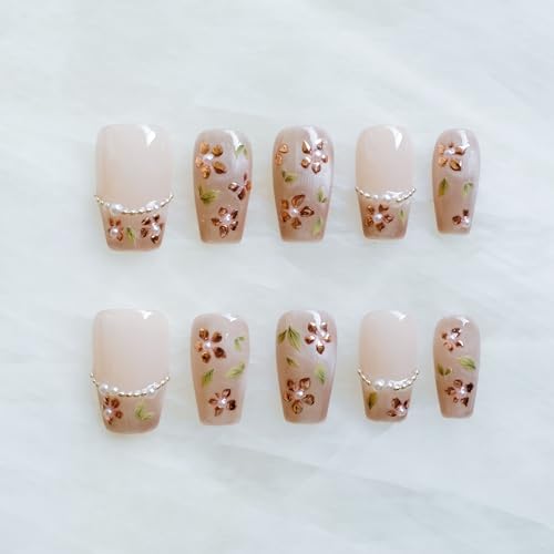 GLORS Medium Ballerina Press-On Nails – Nude Pink with Rose Gold Foil & Pearl Accents (10 pc, XS–MB)