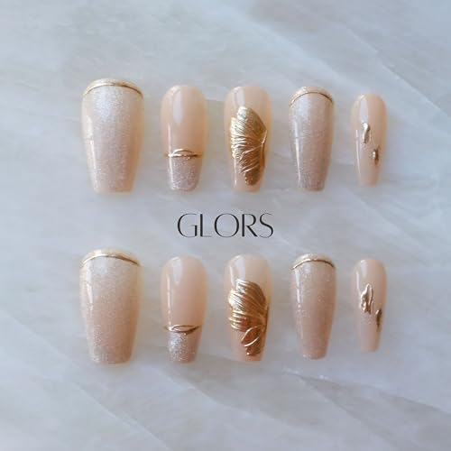 GLORS Press On Nails - Long Ballerina Nude Pink with Gold Accents - 10 Pieces (XS/LB)