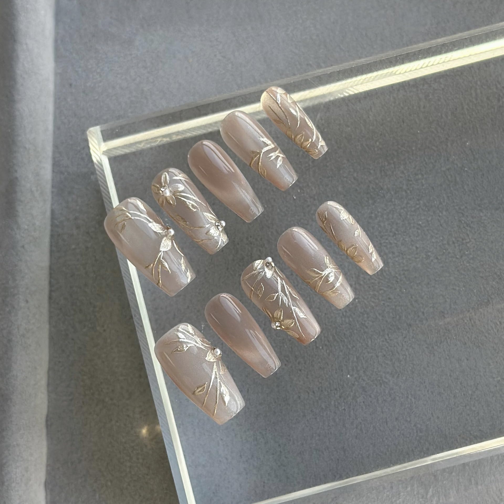 GLORS Nude Press-on Nails – Long Ballerina with Gold Floral & Pearl Accents, 10 Pcs (Small)