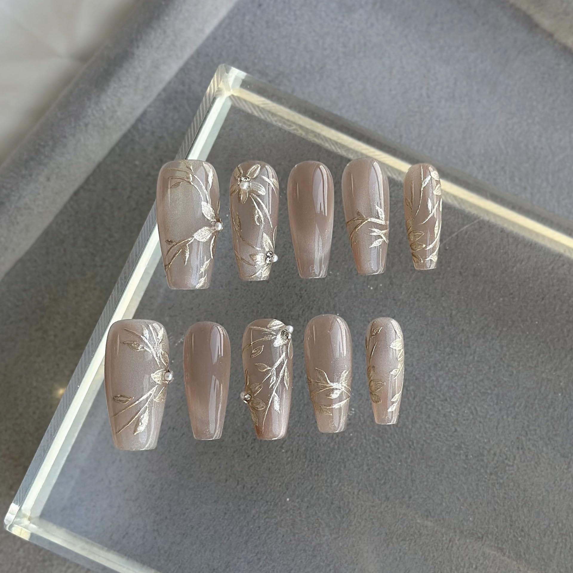 GLORS Nude Press-on Nails – Long Ballerina with Gold Floral & Pearl Accents, 10 Pcs (Small)