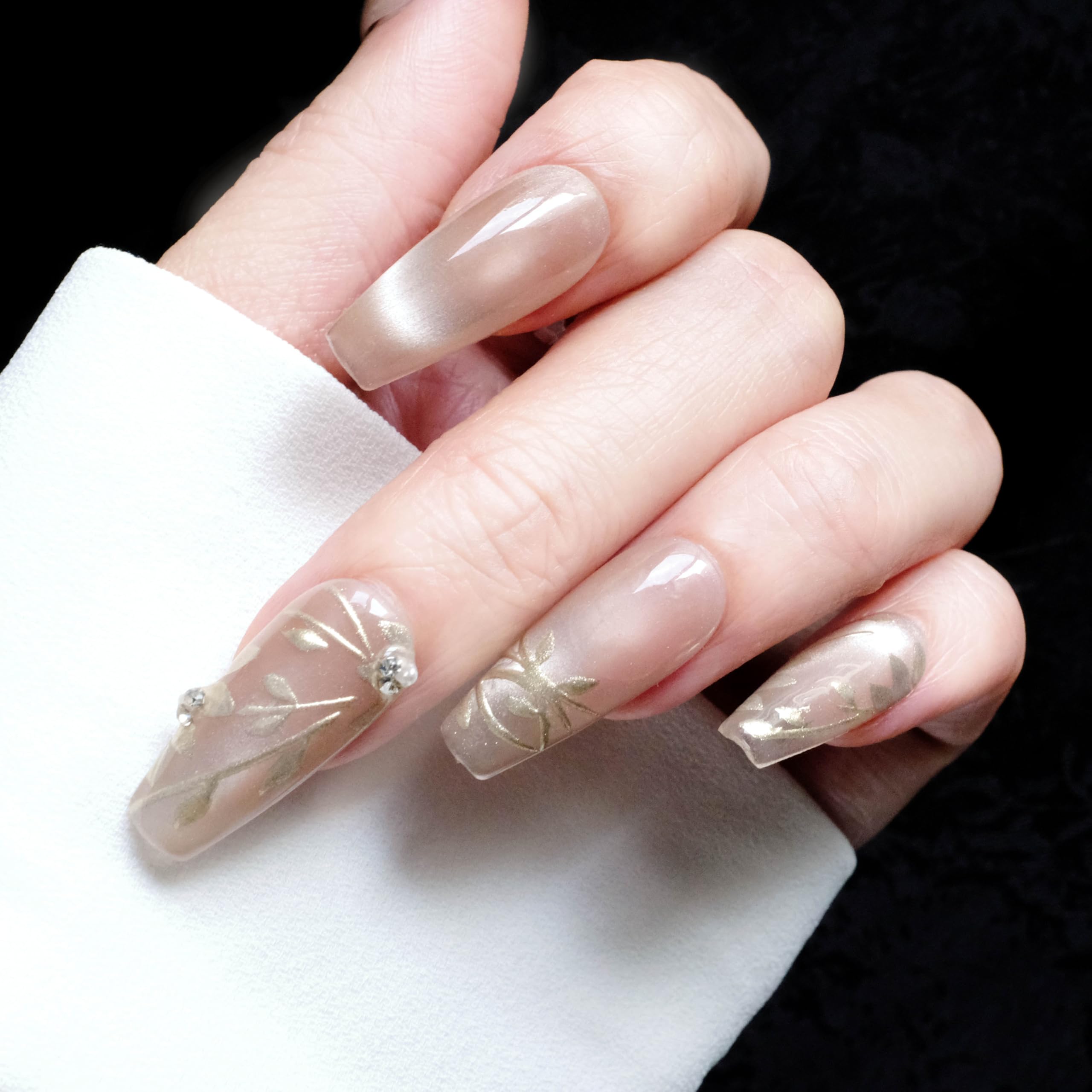 GLORS Nude Press-on Nails – Long Ballerina with Gold Floral & Pearl Accents, 10 Pcs (Small)