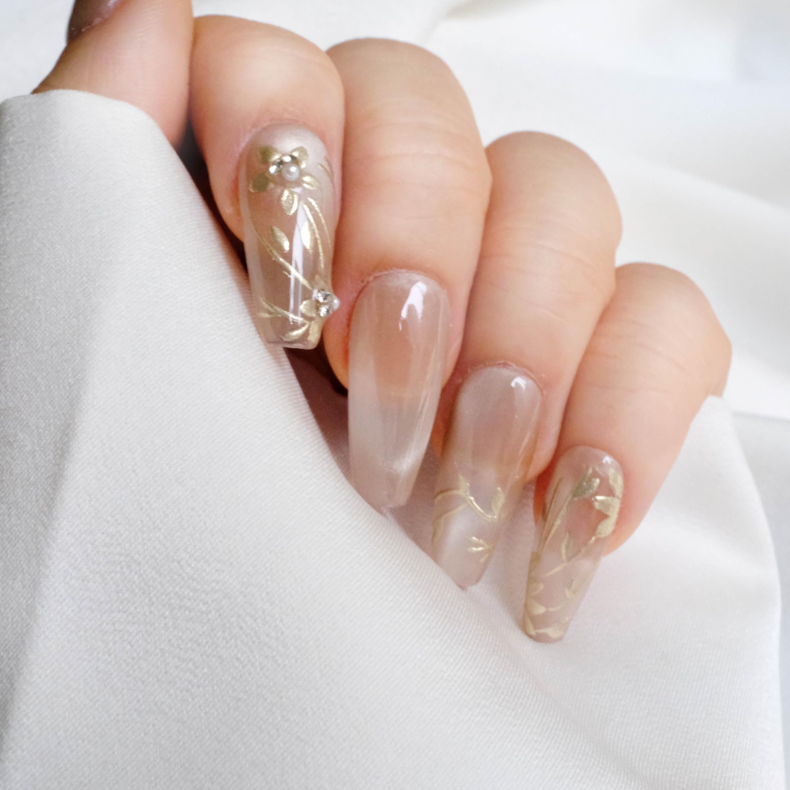 GLORS Nude Press-on Nails – Long Ballerina with Gold Floral & Pearl Accents, 10 Pcs (Small)