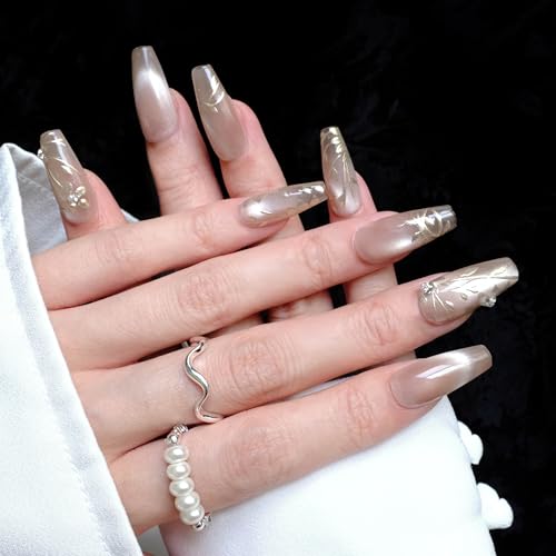GLORS Nude Press-on Nails – Long Ballerina with Gold Floral & Pearl Accents, 10 Pcs (Small)