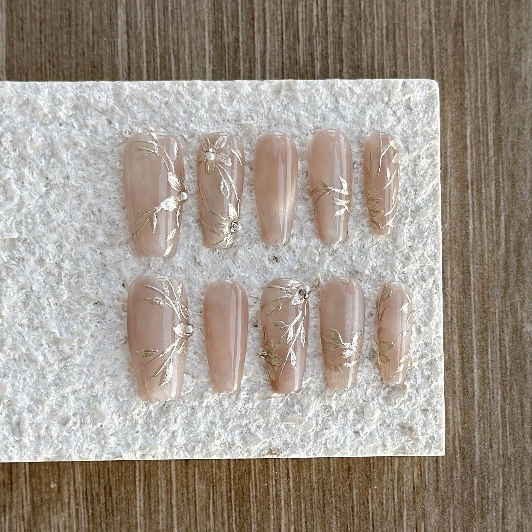 GLORS Nude Press-on Nails – Long Ballerina with Gold Floral & Pearl Accents, 10 Pcs (Small)