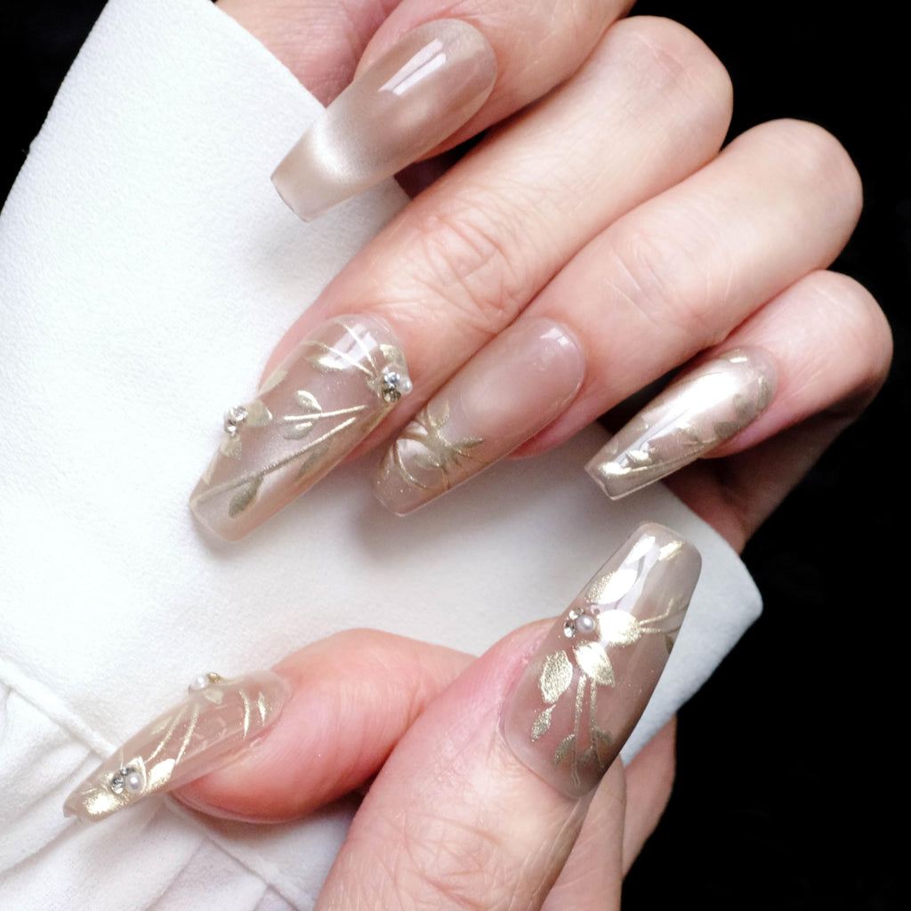 GLORS Nude Press-on Nails – Long Ballerina with Gold Floral & Pearl Accents, 10 Pcs (Small)