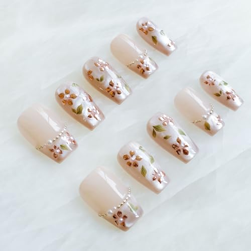 GLORS Medium Ballerina Press-On Nails – Nude Pink with Rose Gold Foil & Pearl Accents (10 pc, XS–MB)