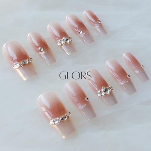 GLORS Long Ballerina Press-On Nails – Pink French Rhinestones, Coffin Shape (10 Pieces, Large)