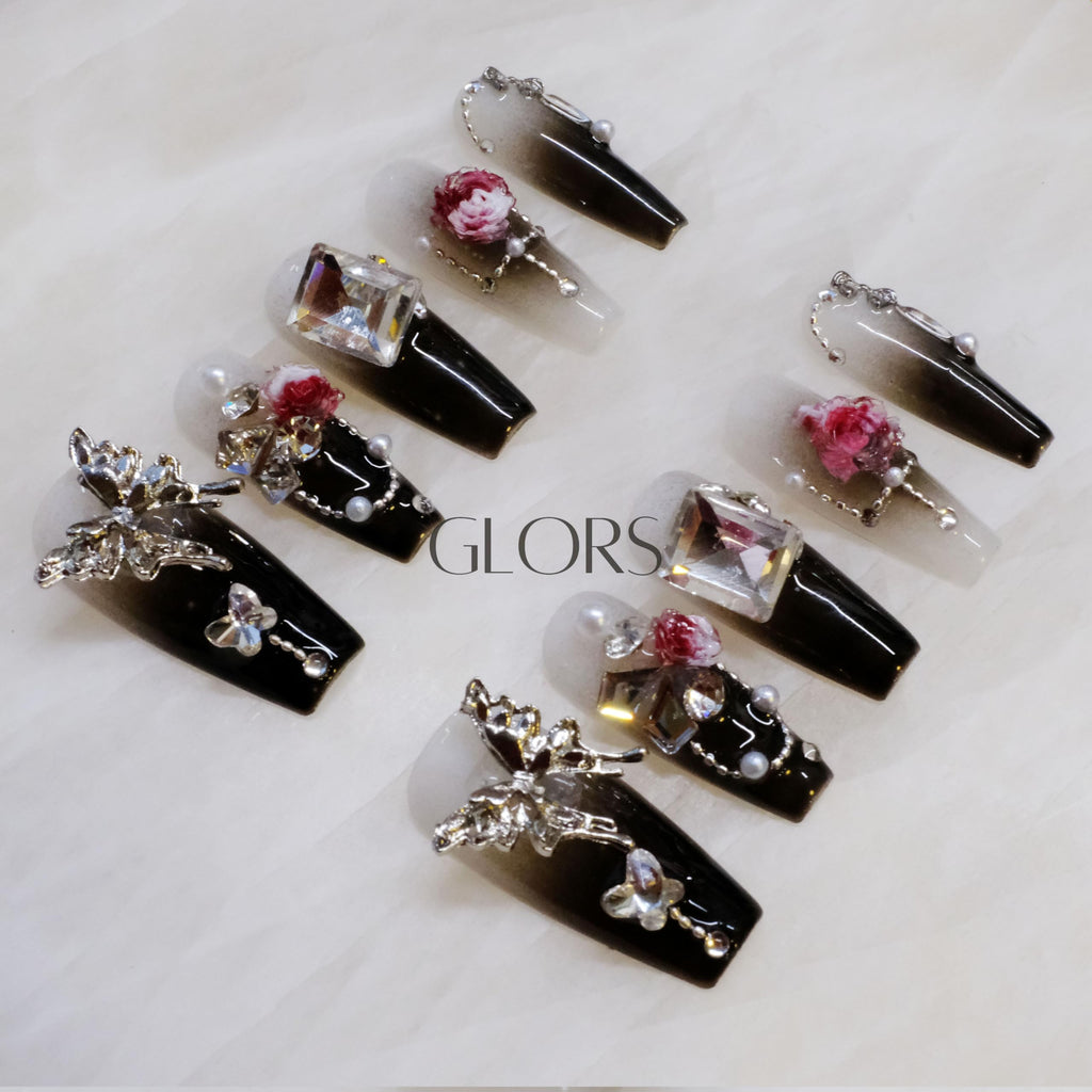GLORS Handmade Press-On Nails - Long Coffin with 3D Butterfly & Rose, 10-Piece Set (XS, LC)