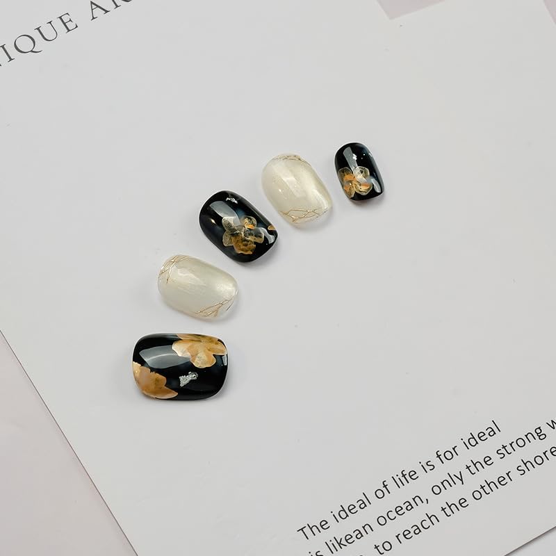 [GLORS] Press On Nails Short Square – Black Gold Flower & White Marble Cat Eye, 10 Pieces (XS, SS)