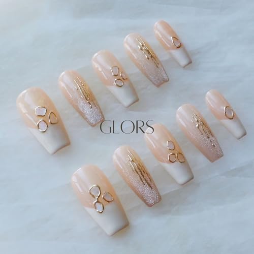 GLORS Handmade Press On Nails - Long Ballerina, Pink & White Shell Design | 10 Pieces (Small, LB)