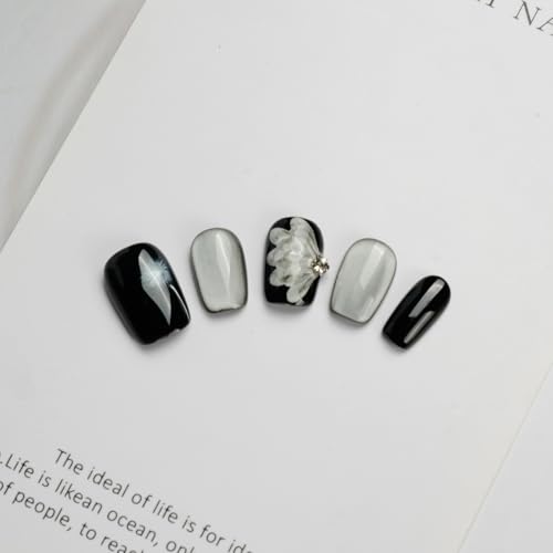 GLORS Press On Nails – Black & Silver Short Square with Dandelion Wing Design | 10-Piece Set (Large, SS)