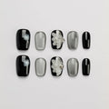 GLORS Press On Nails - Black & Silver, Short Square, Dandelion Wing Pattern (10 Pcs, SS)