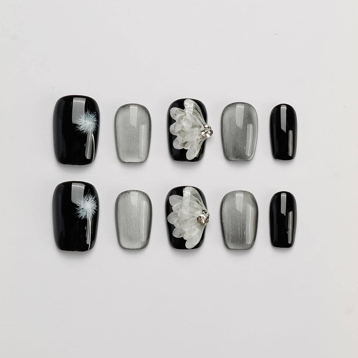 GLORS Press On Nails - Black & Silver, Short Square, Dandelion Wing Pattern (10 Pcs, SS)