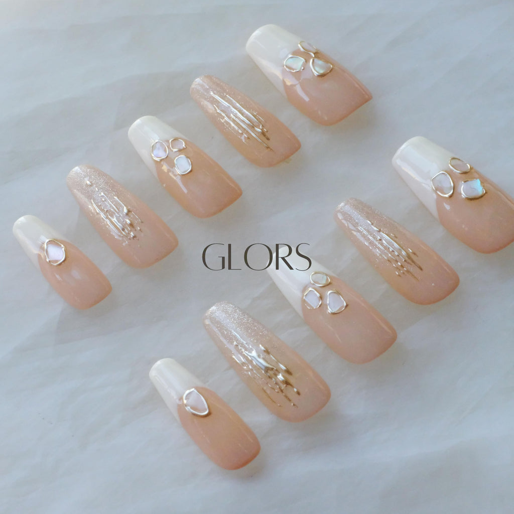 GLORS Handmade Press On Nails - Long Ballerina, Pink & White Shell Design | 10 Pieces (Small, LB)