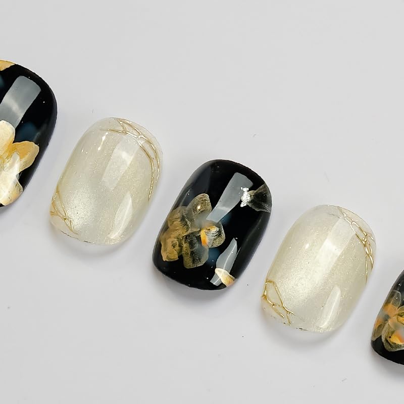 [GLORS] Press On Nails Short Square – Black Gold Flower & White Marble Cat Eye, 10 Pieces (XS, SS)