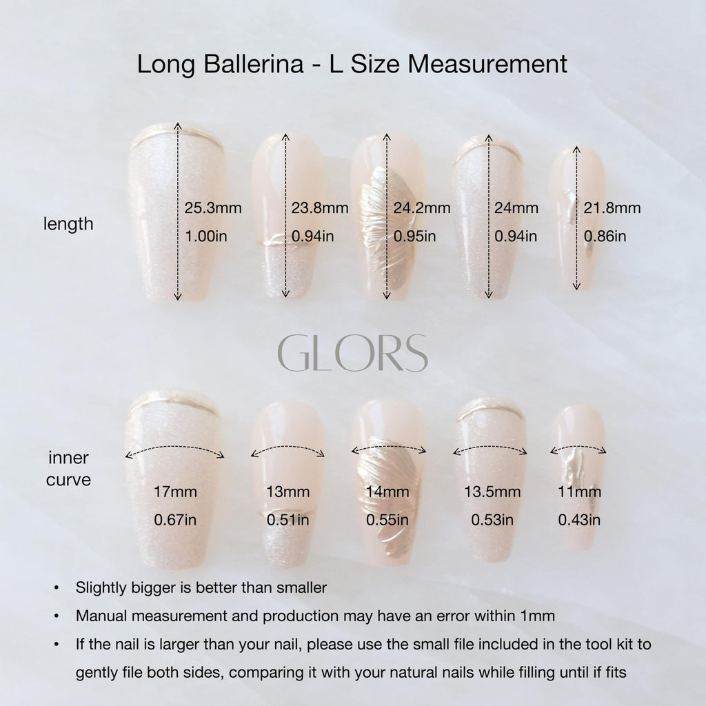 GLORS Press On Nails – Long Ballerina Nude Pink with Gold Accents, 10-Piece Large Set