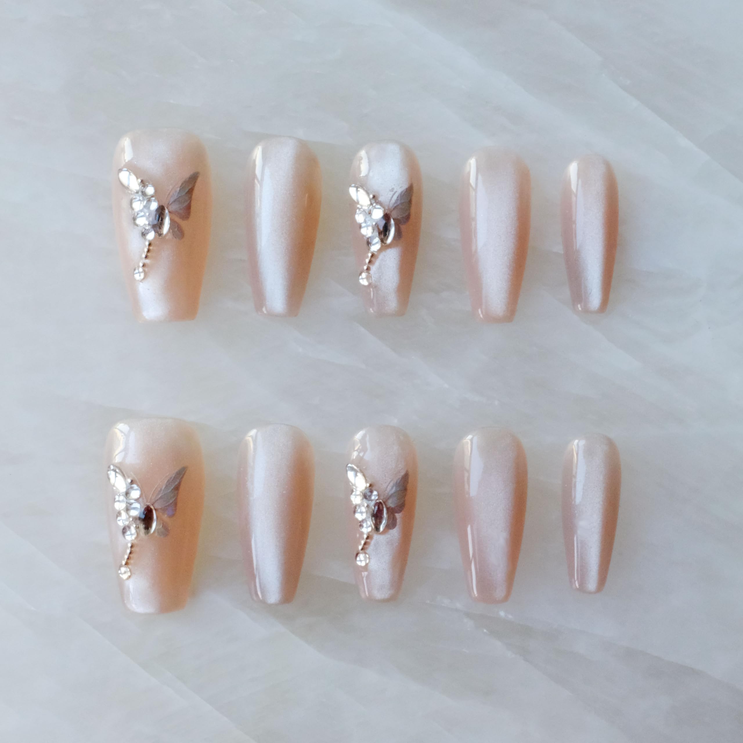 GLORS Press On Nails - Long Ballerina Coffin Nude Pink with Butterfly Rhinestones (10-Piece, Medium LB)