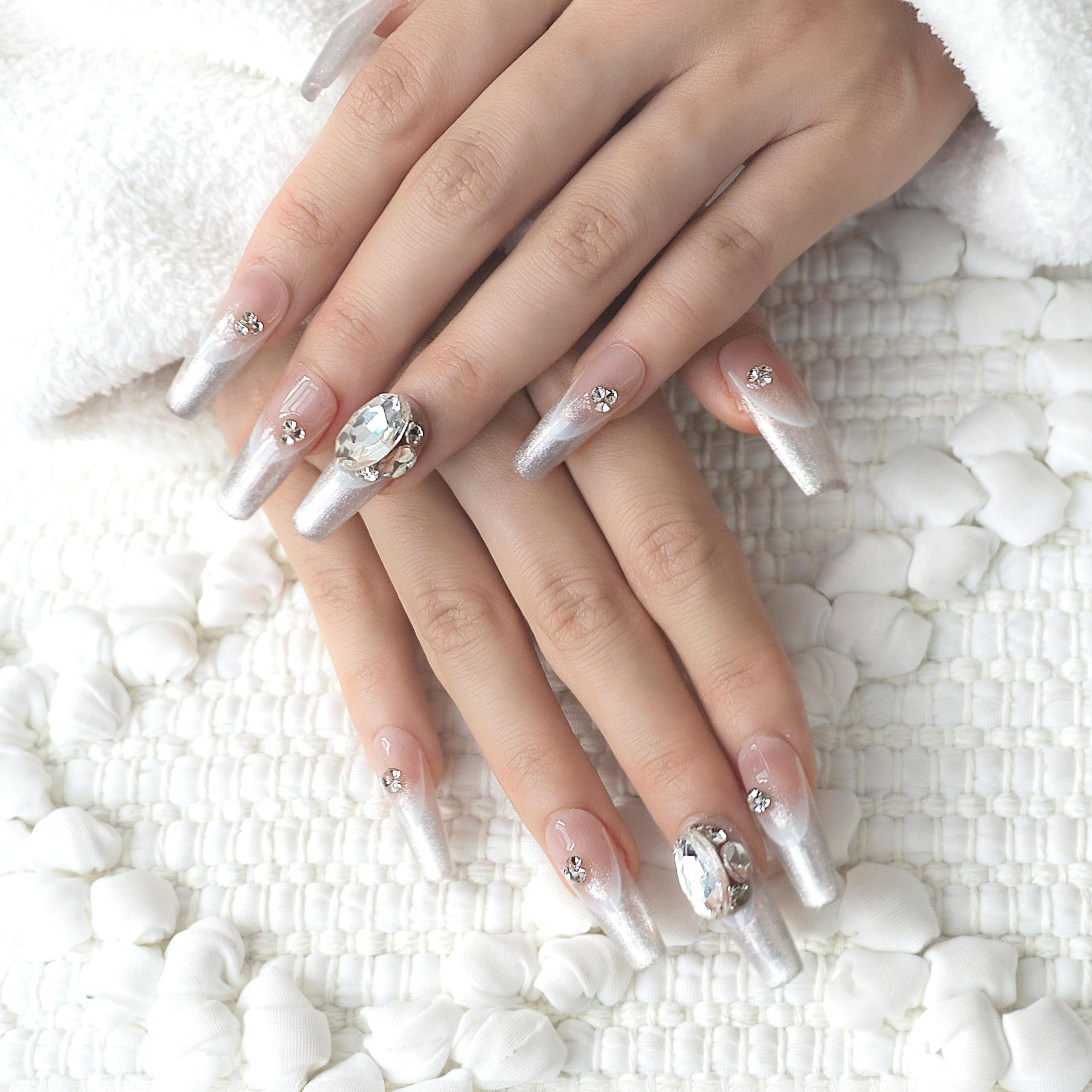 GLORS Press On Nails — Long Ballerina Coffin with Silver Glitter French Tips & 3D Rhinestones (10-Piece, Large LB)