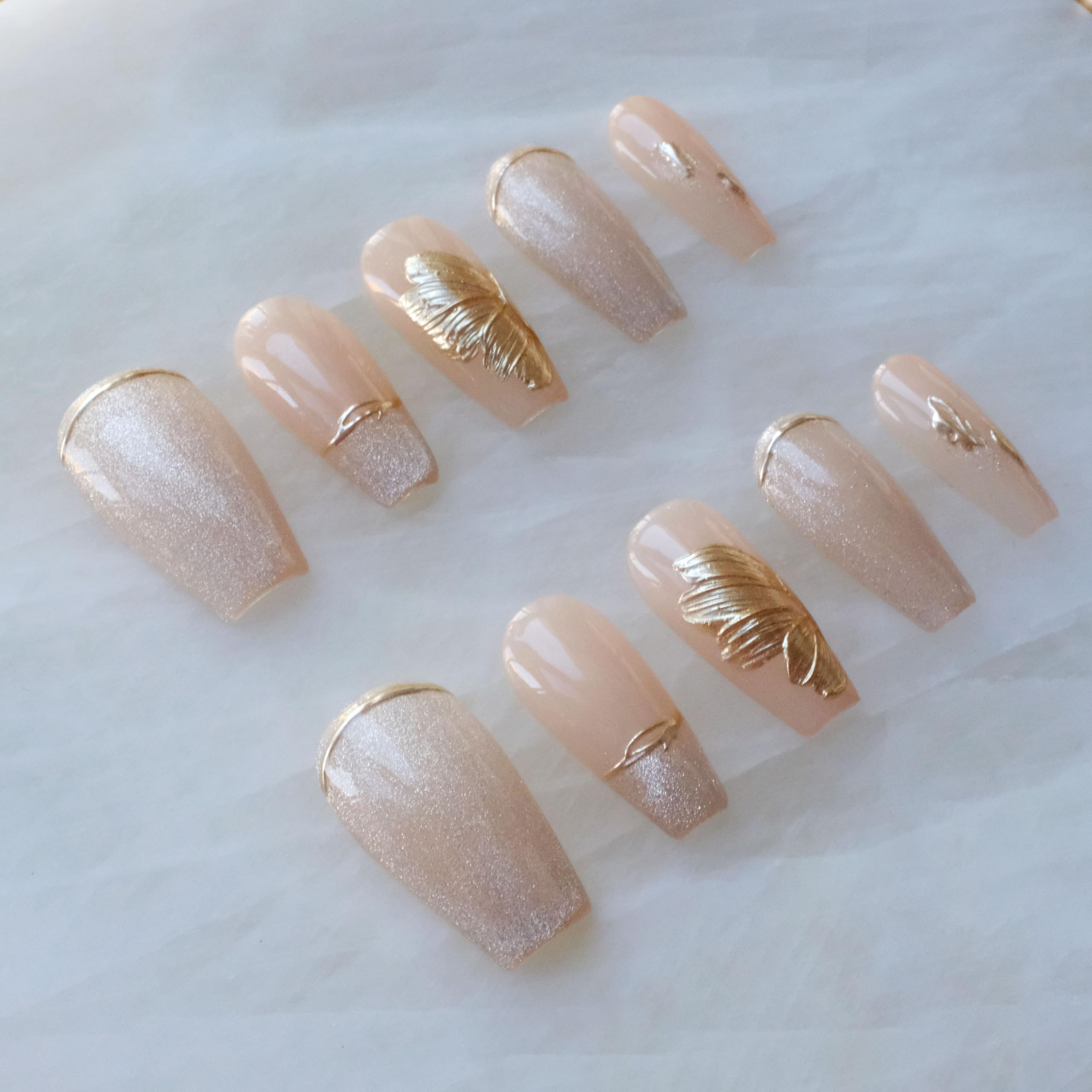 GLORS Press On Nails – Long Ballerina Nude Pink with Gold Accents (10 Pieces, Medium)