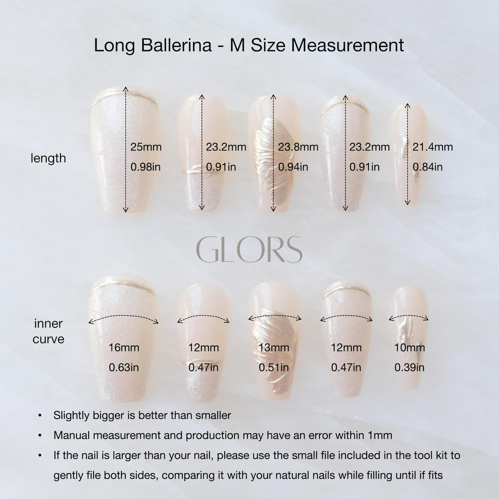 GLORS Press On Nails – Long Ballerina Nude Pink with Gold Accents (10 Pieces, Medium)