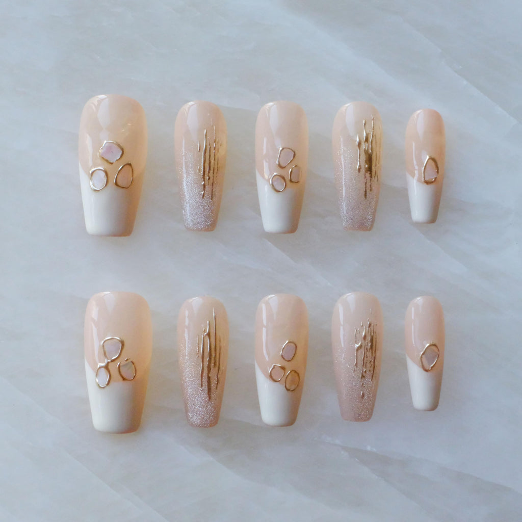 GLORS Handmade Press On Nails - Long Ballerina, Pink & White Shell Design | 10 Pieces (Small, LB)