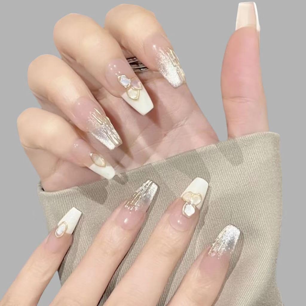 GLORS Handmade Press On Nails - Long Ballerina, Pink & White Shell Design | 10 Pieces (Small, LB)