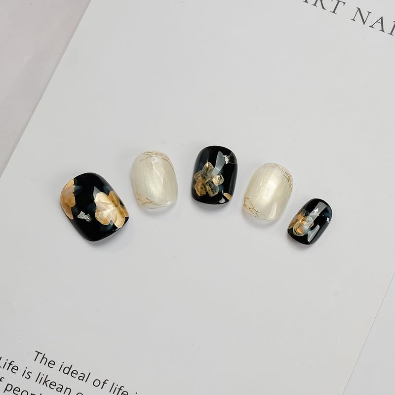 [GLORS] Press On Nails Short Square – Black Gold Flower & White Marble Cat Eye, 10 Pieces (XS, SS)