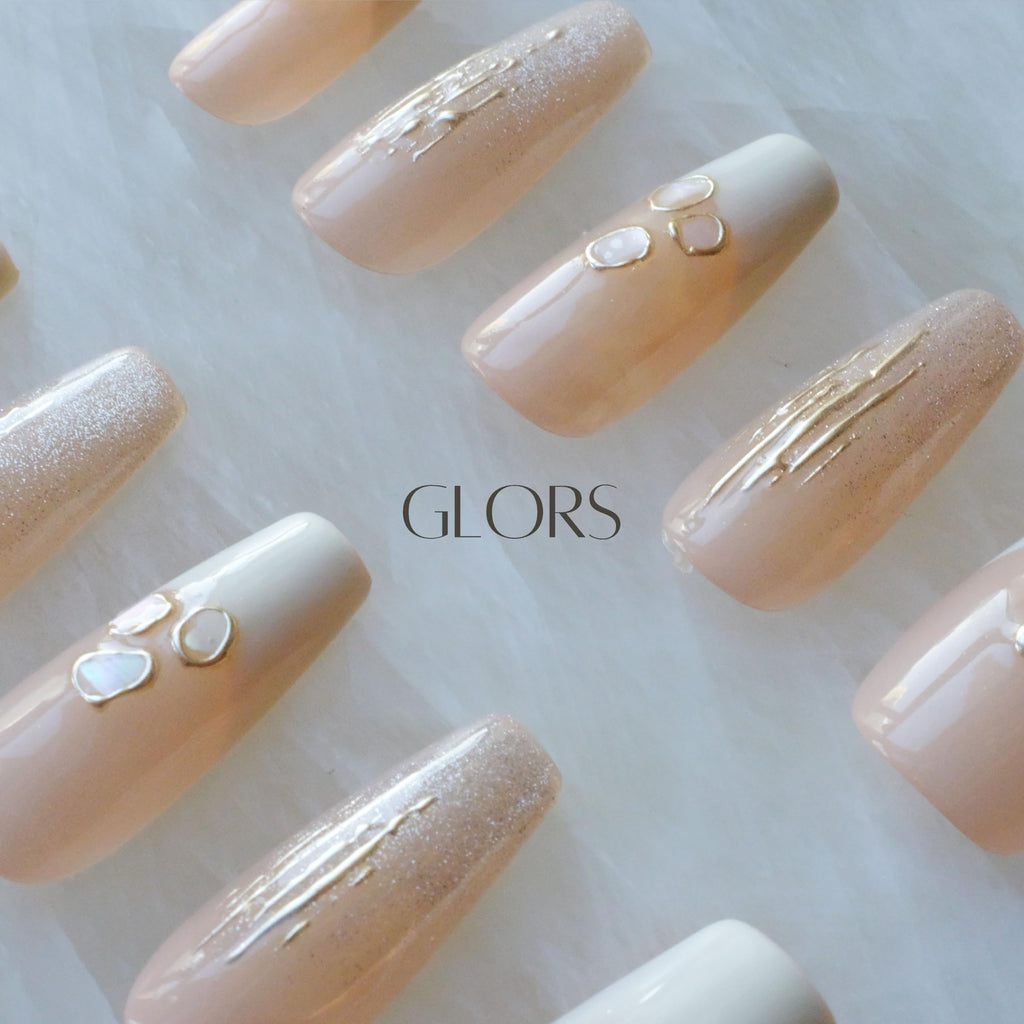GLORS Handmade Press On Nails - Long Ballerina, Pink & White Shell Design | 10 Pieces (Small, LB)