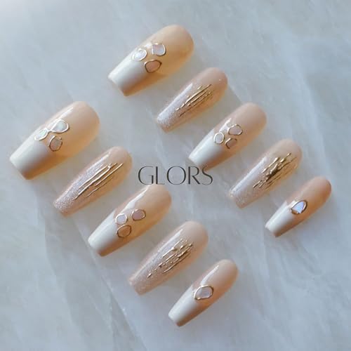 GLORS Handmade Press On Nails - Long Ballerina, Pink & White Shell Design | 10 Pieces (Small, LB)
