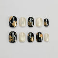 [GLORS] Press On Nails Short Square – Black Gold Flower & White Marble Cat Eye, 10 Pieces (XS, SS)