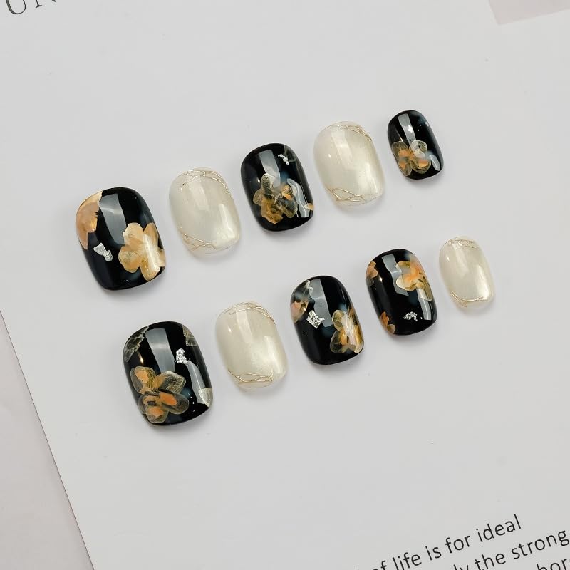 [GLORS] Press On Nails Short Square – Black Gold Flower & White Marble Cat Eye, 10 Pieces (XS, SS)
