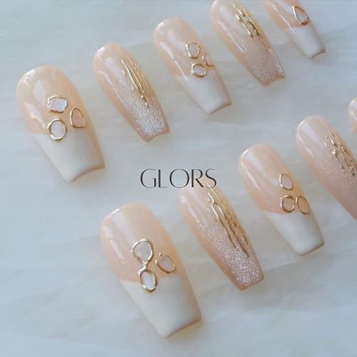 GLORS Handmade Press On Nails - Long Ballerina, Pink & White Shell Design | 10 Pieces (Small, LB)
