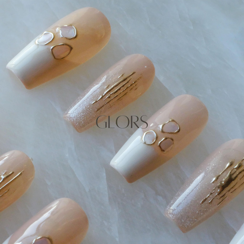 GLORS Handmade Press On Nails - Long Ballerina, Pink & White Shell Design | 10 Pieces (Small, LB)