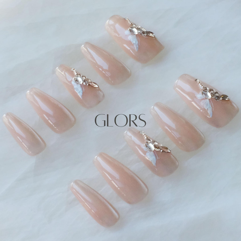 GLORS Press On Nails - Long Ballerina Coffin Nude Pink with Butterfly Rhinestones (10-Piece, Medium LB)