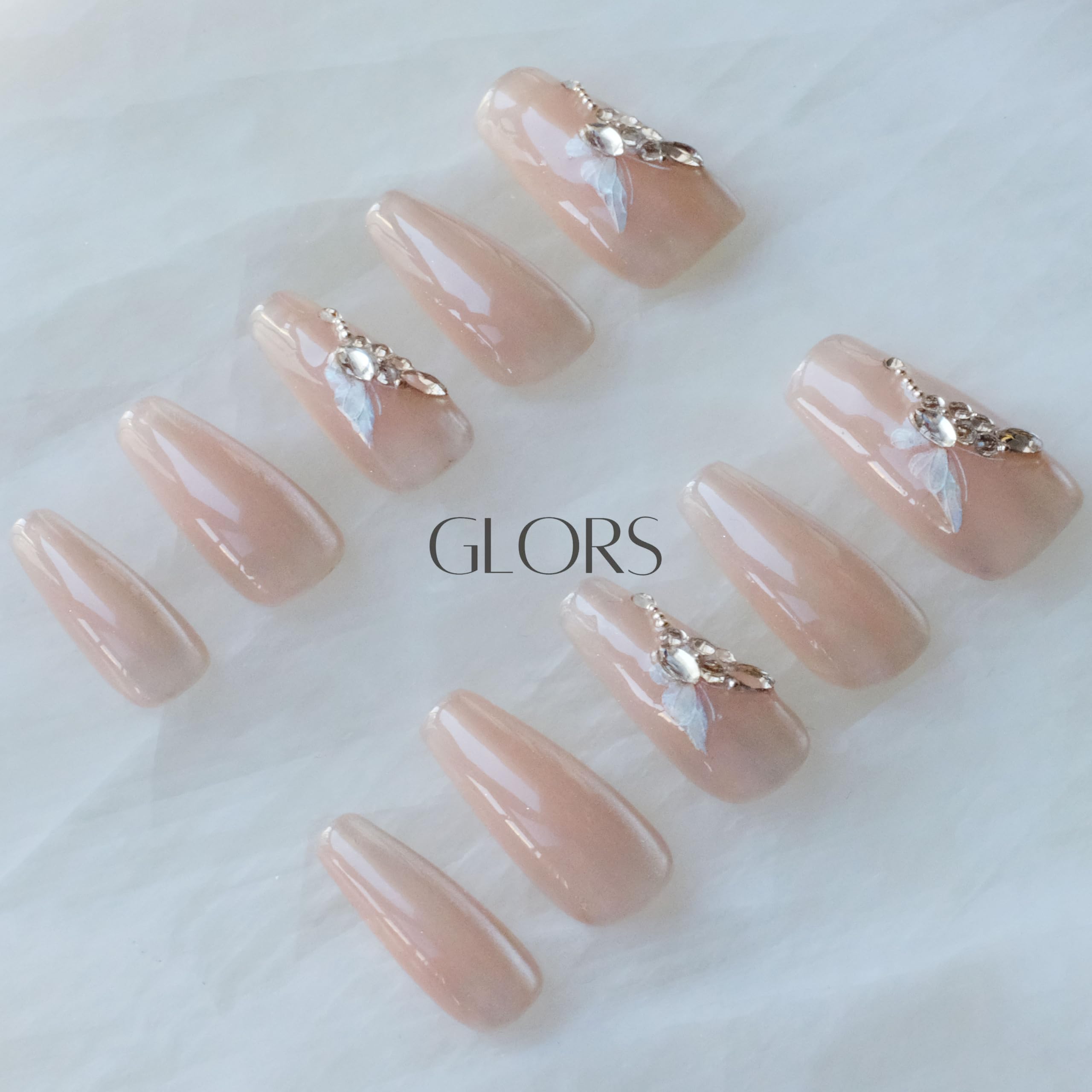 GLORS Press On Nails - Long Ballerina Coffin Nude Pink with Butterfly Rhinestones (10-Piece, Medium LB)