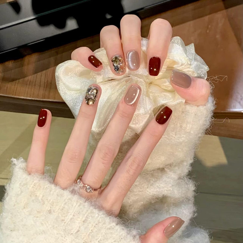 GLORS Purely Handmade Press On Nails - Burgundy Moonlight Cat-Eye, Short Square, 10 pcs (SS)