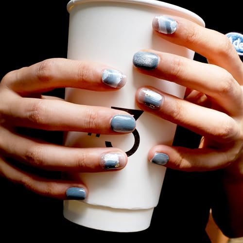 GLORS Purely Handmade Press On Nails | Blue White Glitter Snow Mountain Short Square, 10 Pieces