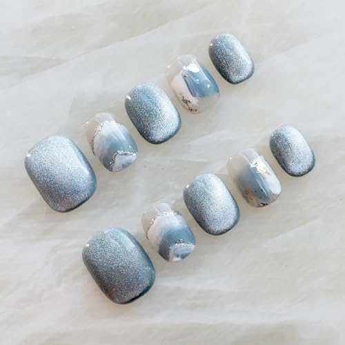 GLORS Purely Handmade Press On Nails | Blue White Glitter Snow Mountain Short Square, 10 Pieces