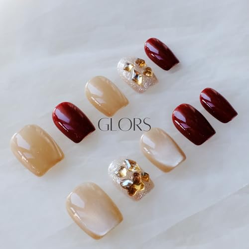 GLORS Purely Handmade Press On Nails - Burgundy Moonlight Cat-Eye, Short Square, 10 pcs (SS)