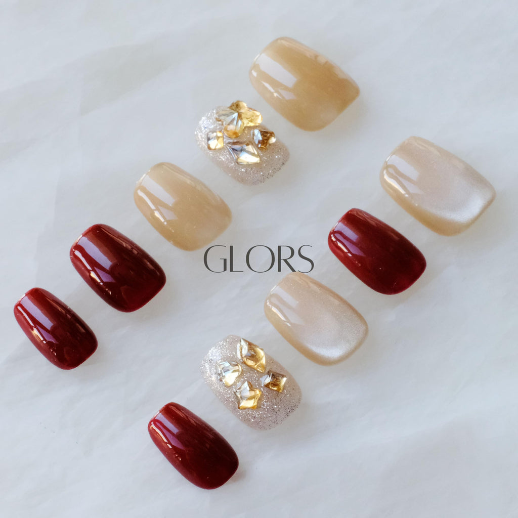 GLORS Purely Handmade Press On Nails - Burgundy Moonlight Cat-Eye, Short Square, 10 pcs (SS)