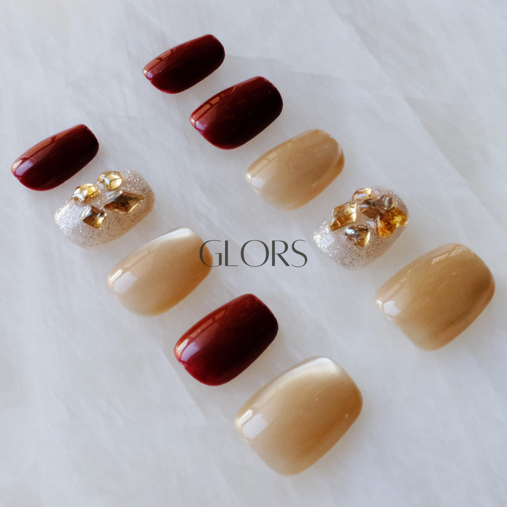 GLORS Purely Handmade Press On Nails - Burgundy Moonlight Cat-Eye, Short Square, 10 pcs (SS)