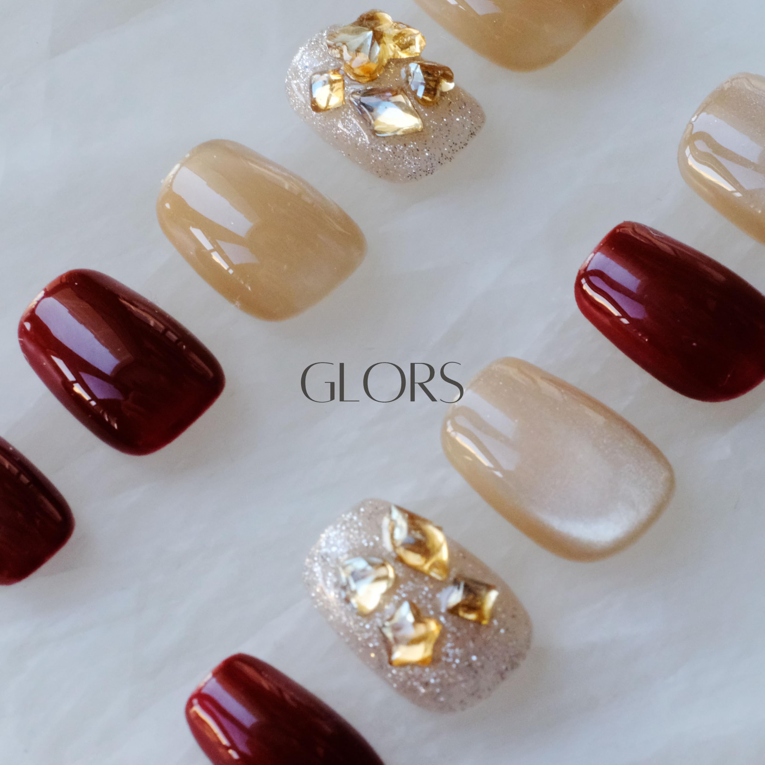 GLORS Purely Handmade Press On Nails - Burgundy Moonlight Cat-Eye, Short Square, 10 pcs (SS)