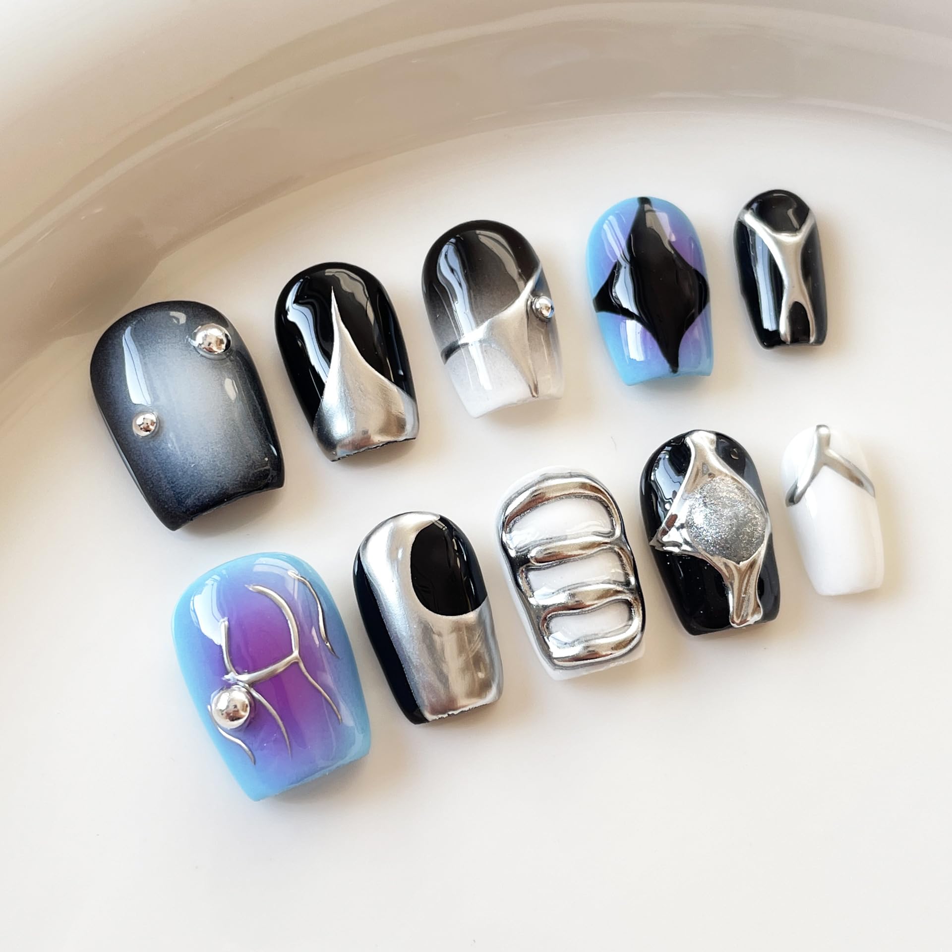 [GLORS] Purely Handmade Press On Nails | AI Cyberpunk Metallic Short Square – 10 Pieces